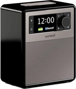 Sonoro Easy sort radio - blank og sølv, frontpanel, LCD-skærm der viser 12:00, knapper og gitterdækket højttaler i sølv