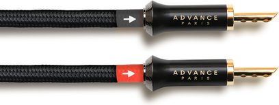 Cavo per diffusori Advance Paris Link Speaker 2x4m, vista laterale in primo piano, guaina intrecciata in nylon nero, terminali cilindrici in metallo nero con logo dorato, connettori a banana placcati oro e indicatori di polarità grigi e rossi con freccia bianca