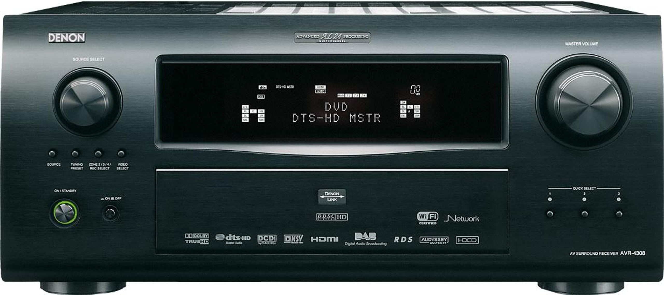 Wzmacniacz kina domowego Denon AVR-4308 w kolorze czarnym, przedni panel z centralnym wyświetlaczem LCD, przyciskami i pokrętłami sterującymi, portami z przodu