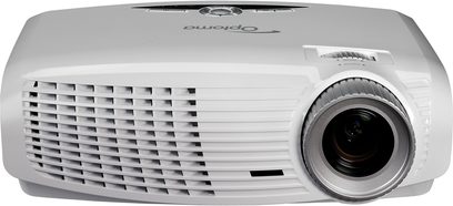 Optoma HD20 kompakt hvid projektor set forfra, objektiv til højre, ventilationsgitter med lameller