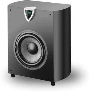 Focal SW 904 sort kubisk subwoofer, rund højttaler, basrefleksport, gitter, logo, indikatorlampe, fødder