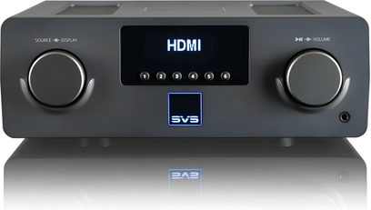 SVS Prime Wireless Pro SoundBase stereohøyttaler, sort, frontvisning, OLED-skjerm, berøringsknapper, hjul