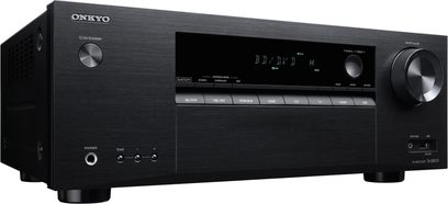 Onkyo TX-SR373 sort hjemmebiografsforstærker, frontpanel, frontvisning, knapper og LED-display, hovedtelefon- og mikrofonindgange