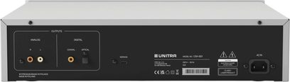 Bagside af Unitra CSH-801 CD-afspiller i sort og sølv metal, med RCA-, koaksial- og optiske udgange, USB-C serviceport og IEC-stik