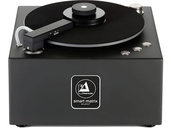 ClearAudio Smart Matrix Silent negru, mașină de curățat discuri, vedere de sus, placă neagră, brațul pick-up-ului argintiu articulat, butoane și buton rotativ