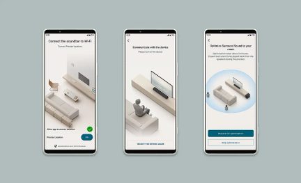 Aplikacja do konfiguracji soundbaru surround na trzech smartfonach, minimalistyczny interfejs salonu