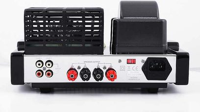 Fatman iTube ValveDock sort hi-fi stereforstærker, set forfra med knapper, stik og ventilationsgitter