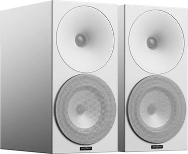 Witte Amphion Argon 3S boekenplank-luidsprekers, voorkant met tweeter en woofer, beschermrooster