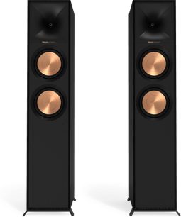 Dve črni stolpni zvočniki Klipsch R-600F, pogled od spredaj, vsak z dvema bakrenima zvočnikoma