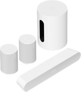 Baltas „Sonos" namų kino komplektas su „Ray" garso juosta, 2 „Era 100" garsiakalbiais ir „Sub mini" žemų dažnių garsiakalbiu