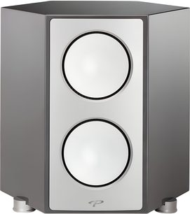 Paradigm Persona SUB centerhøjttaler i metallisk grå med satinfinish, hvid front med to cirkulære højttalere placeret lodret og cylindriske fødder, set forfra