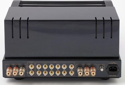 Ampli hi-fi stéréo PrimaLuna DiaLogue Two noir, vue de face. Boîtier rectangulaire noir mat avec 8 lampes et boutons dorés