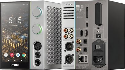 FiiO R9 мрежов аудиоплеър в сребристо-сиво алуминиево излъскано изпълнение, с пълноразмерен сензорен екран отляво, две колела с зелена LED подсветка и слушалкови гнезда на предната страна, хексагонална вентилационна решетка отстрани, видими RCA, XLR, коаксиални, оптични, USB, RJ45 и захранващи конектори в комбиниран преден и заден изглед