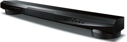 Yamaha YSP-1400 sort soundbar, set forfra, aflang rektangulær form, sorte gitre, knapper og stik på siden