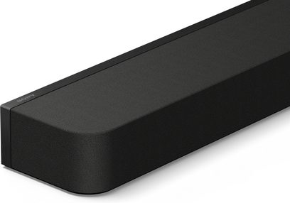 Sony Bravia Theatre Bar 8 garso juosta, matoma iš kampo, juodos spalvos apdaila, stačiakampė forma, užapvalinti kampai, audinio grotelės