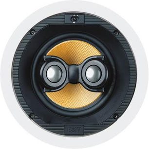Vestavný reproduktor Bowers & Wilkins CCM 746S, pohled zepředu, černá mřížka, zlaté reproduktory, viditelné úchyty