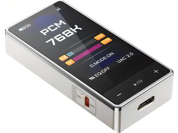 FiiO QX13 portable audio converter, titanium casing, color screen, +/- play buttons, USB-C port, angled view