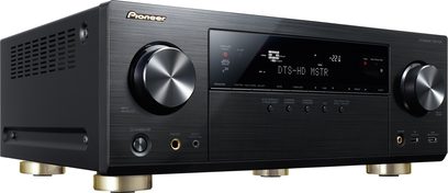 Pioneer VSX-1123-K sort hjemmebiografsforstærker, set forfra, LCD-display, kontrolknapper og -hjul, frontpanelstik
