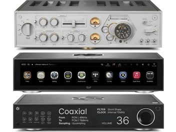 Sistem hi-fi Rose în trei vederi, fațadă argintie retro cu cadrane, ecran tactil negru și buton rotativ mare