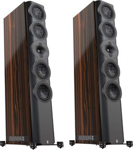 Colunas de chão S7t Custom Ebony, vista frontal e ligeiramente em ângulo, 6 altifalantes circulares pretos, bases metálicas com 4 pés