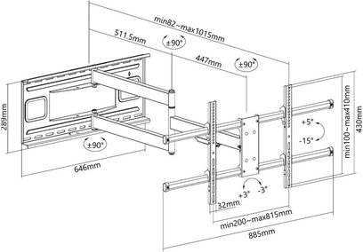 Teknisk diagram med dimensioner af en vægmonteret, drejeligt og 180 graders drejelig TV-beslag i stål, set fra siden