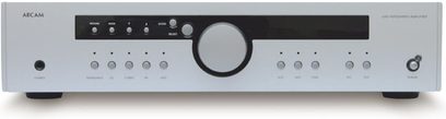 Silver Arcam DIVA-A90 hi-fi stereo amplifier, front view, control buttons and knobs, digital display in the center