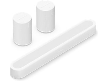 White Sonos Beam Ultra bundle with soundbar and two white Era 100 speakers viewed from above