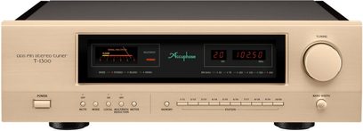 Accuphase T-1300, sintonizzatore FM in alluminio spazzolato dorato, vista frontale, grande pulsante a destra, display a LED rossi e indicatore di livello