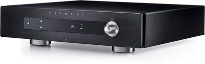 Ampli hi-fi stereo Primare I25 DAC DM36 černý, pohled zepředu, černý panel s tlačítky a ovládacím kolečkem ve stříbrné barvě, modrý displej