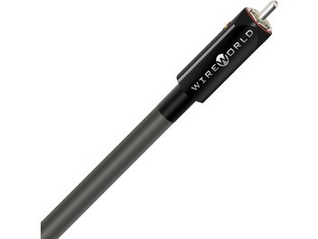 Kabel für Subwoofer Wireworld Equinox 10 Mono 4m, schwarzer zylindrischer Stecker mit weißer Beschriftung, dunkelgraue Ummantelung