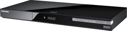 Samsung BD-C5500 sort Blu-ray-afspiller, frontvisning, LED-display "15:6:00", blank frontpanel, knapper og diskskuffe