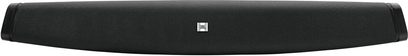 Black JBL SB100 soundbar, front view, elongated rectangular shape, black grille on the front face, silver "JBL" logo centered