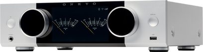 integrierter silberner Onkyo Y-40 Hi‑Fi-Stereo-Verstärker mit silberner Front, zwei großen runden Knöpfen und zentralen analogen VU-Metern