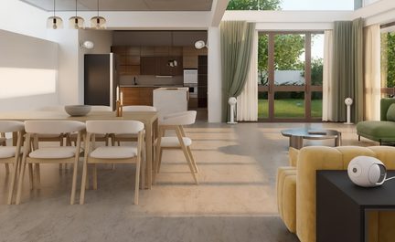 Soggiorno-sala da pranzo e cucina open space, pavimento in pietra beige, ampie vetrate con tende verdi, mobili in legno chiaro