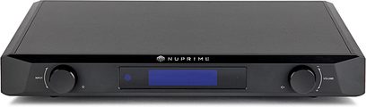 Nuprime Evolution DAC sort audio-konverter, frontvisning, rektangulært mat sort kabinet, blå skærm, knapper og stik