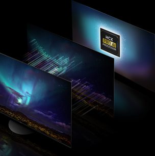 Panasonic TX-48JZ980E-tv, set fra fronten og siden, tændt skærm der viser nordlys og logoet "HCX PRO AI PROCESSOR"