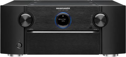 Marantz AV8805 sort home cinema forforstærker, sort med aluminiumsfront, blåt LCD-display, drejelige knapper, afdæmpet og elegant design