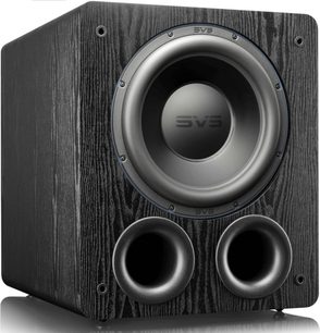 Subwoofer SVS PB-2000 Pro in nero cenere, frassino nero. Vista frontale. Forma cubica. Altoparlante circolare centrale nero opaco