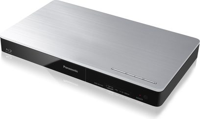 Panasonic DMP-BDT260 sort 4K Blu-ray-afspiller, set oppefra, front med display, knapper og diskskuffe