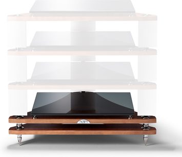 Mueble Hi-Fi Naim Audio Fraim base de madera con tocadiscos de vinilo negro en estantes de vidrio, vista frontal