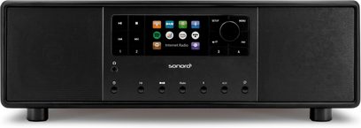 Radio digitale nera Sonoro Primus, frontale lucido, display a colori, pulsanti cromati, altoparlanti rotondi, vista frontale