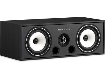 Altavoz central Triangle BRC2 negro, vista frontal, 2 altavoces blancos rodeados de negro, 1 tweeter central, 2 puertos circulares