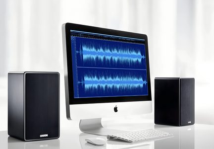 Черни настолни тонколони Canton от двете страни на iMac, показващ аудио запис на бяло бюро