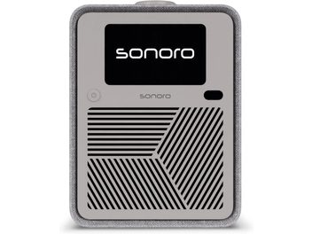 Sonoro Atron tafelradio lichtgrijs en zilver, vooraanzicht met zwart scherm en gestreept grafisch rooster