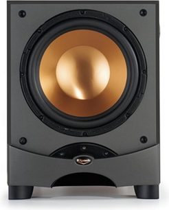 Klipsch RW-12d sort baskabin, frontvisning, gylden højttaler i midten, to fødder, Klipsch-logo forneden