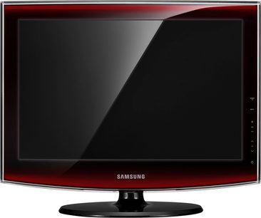Samsung LE19A656 fladskærms-LCD-TV, rød ramme, frontvisning, sort slukket skærm, sort base
