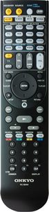 Černé dálkové ovládání Onkyo RC-884M s mnoha tlačítky pro ovládání audio/video zařízení, pohled zepředu