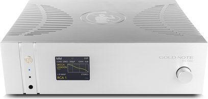 Gold Note PH-1000 phono-esivahvistin, hopeanvärinen etupaneeli, näyttö, pyöreä painike ja tuuletusaukot