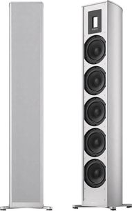 Premium trådløs højttaler 701 Wireless Gen2 sølv, set forfra og fra siden, 4 sorte højttalere, sølv base