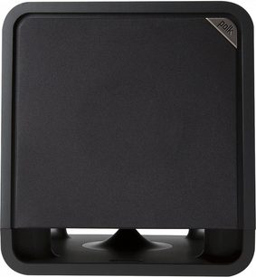 Polk Audio HTS 10 sort baskabin, set forfra, firkantet form, sort stofgitter, sølvfarvet logo nederst til højre